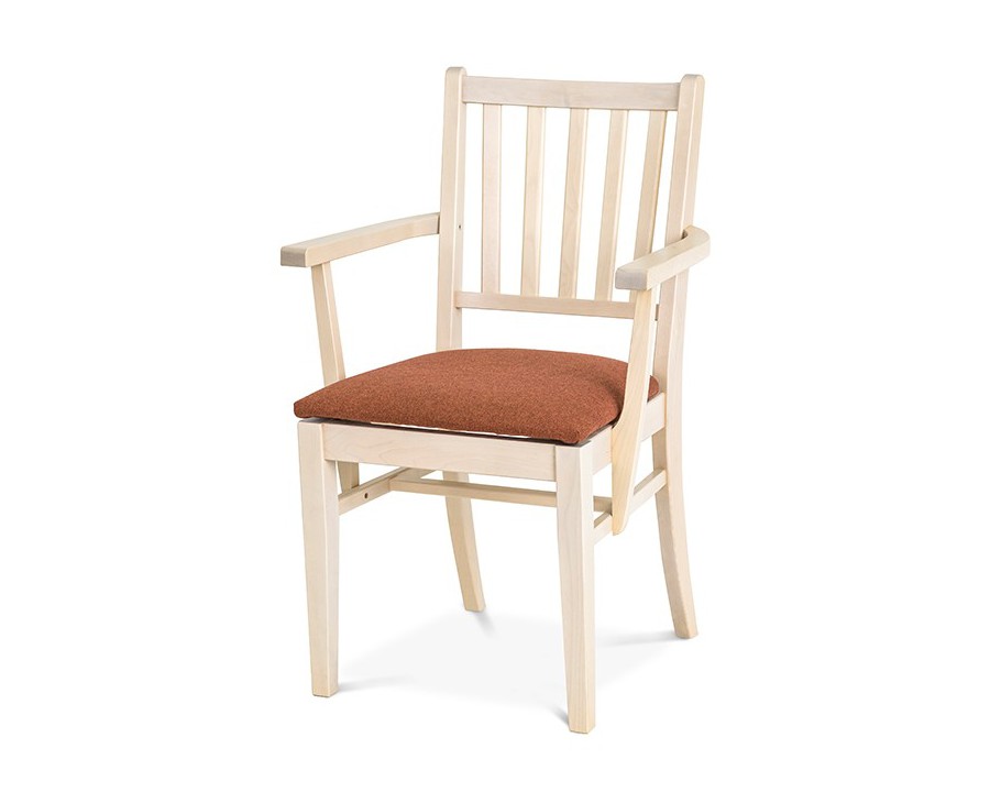 Ester spisebordsstol i lakeret birk med armlæn og polstret sæde