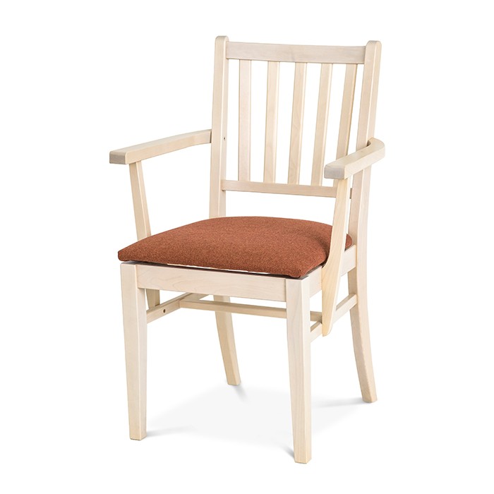 Ester spisebordsstol i lakeret birk med armlæn og polstret sæde