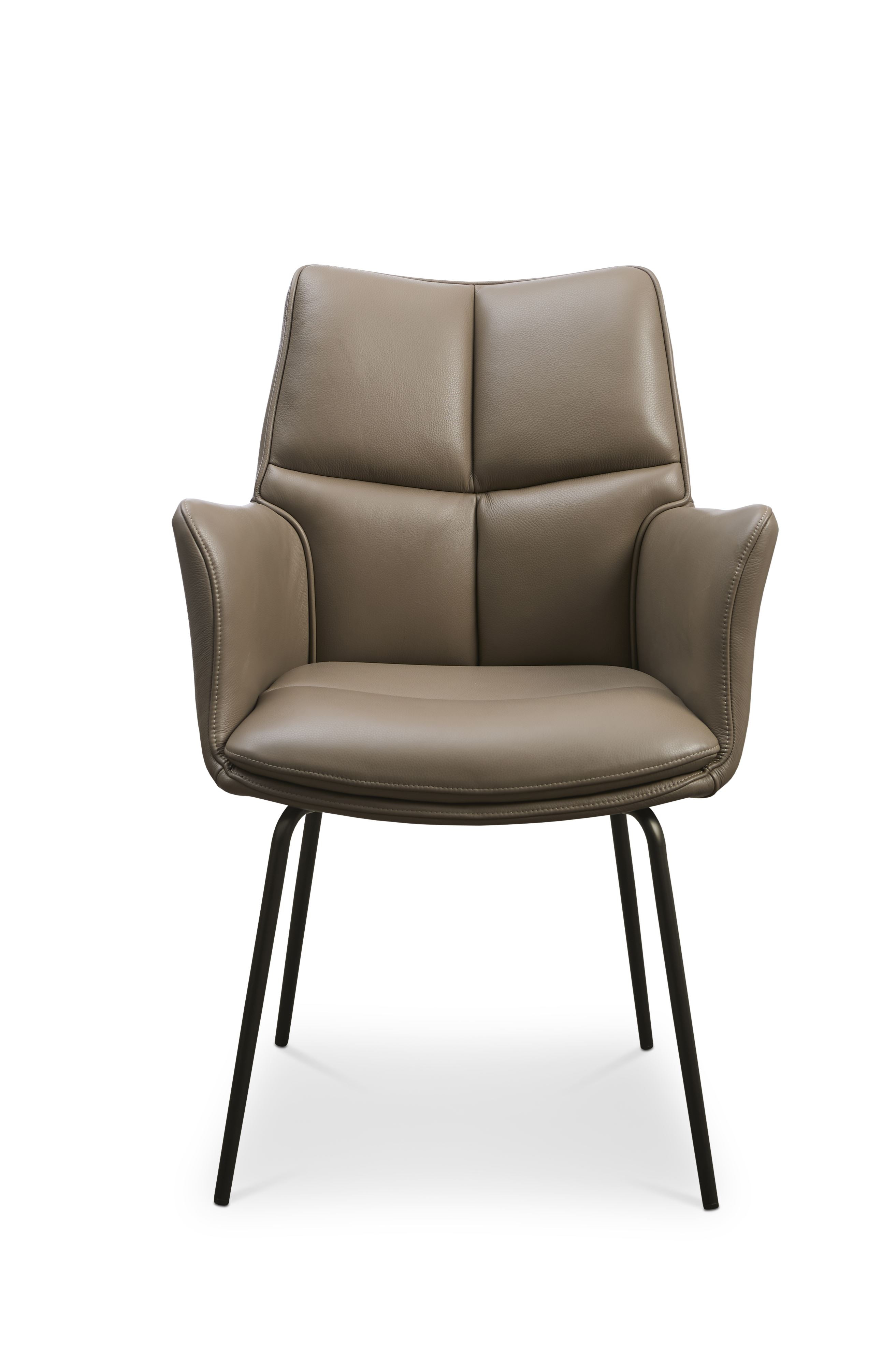 Lily Spisestuestol i nougat læder med armlæn og brune metal ben