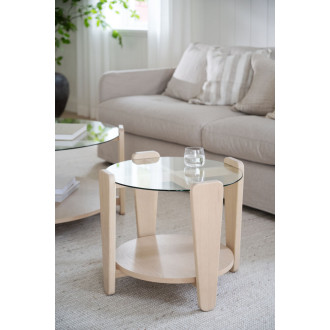 Arran sofabord med glas bordplade i hvidkalket eg, Ø 52cm