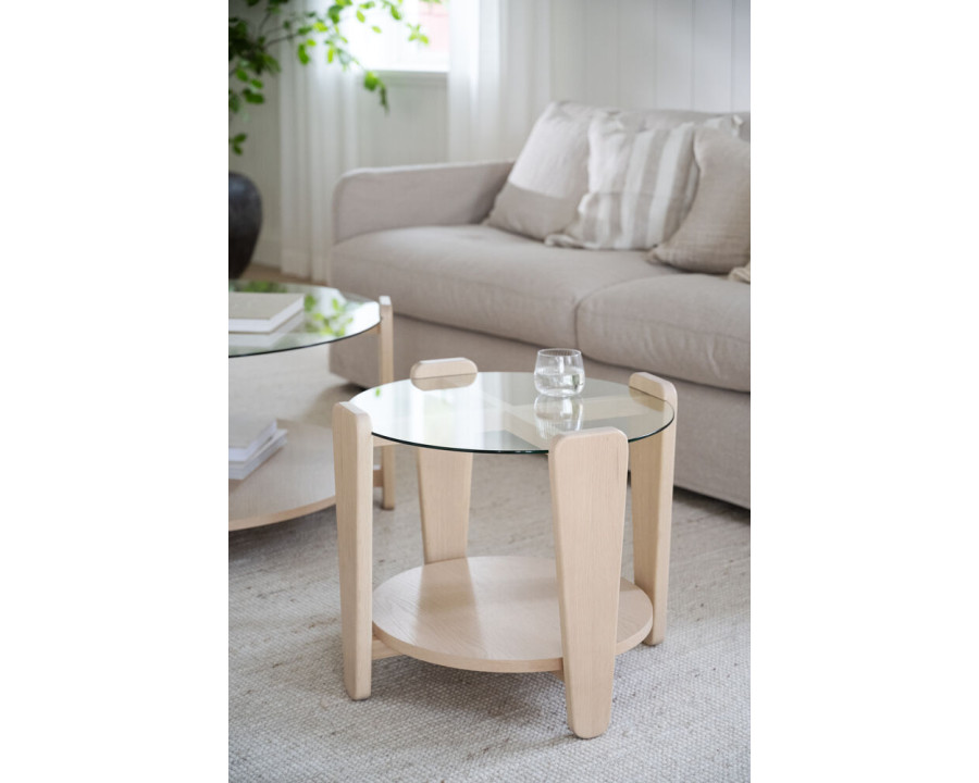 Arran sofabord med glas bordplade i hvidkalket eg, Ø 52cm