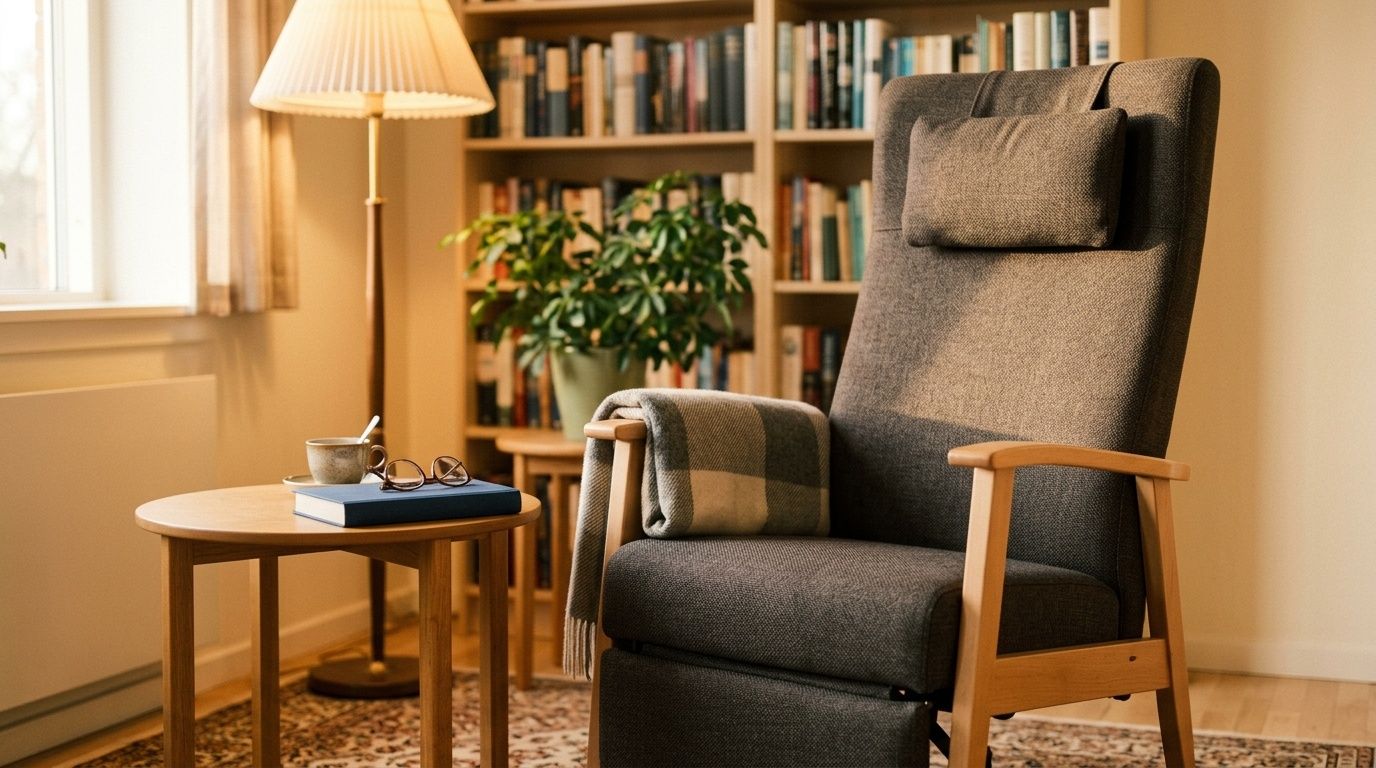 El-lænestol med sædeløft i hyggelig læsekrog i fællesrum på plejehjem